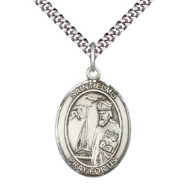 Saint Elmo Men's Pewter Medal Necklace– Patron Saint of Stomach Diseases – 24” Light Rhodium Plated Heavy Curb Chain – Velvet Gift Box