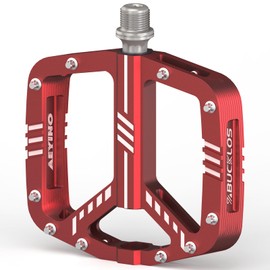 BUCKLOS MTB Flat Pedals Mountain Bike Pedals，Adult Road Bicycle Pedals Aluminum Alloy Non-Slip Large Concave Platform Pedals for BMX, Downhill,AM, Enduro 9/16''（Red）