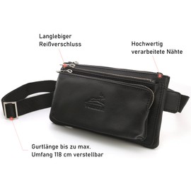 Fa.Volmer ® Bum Bag / Belt Bag / Waist Bag in Real Leather for Men and Women | Black or Brown | Adjustable Strap up to 118 cm, black, Belt bag with spacious compartments