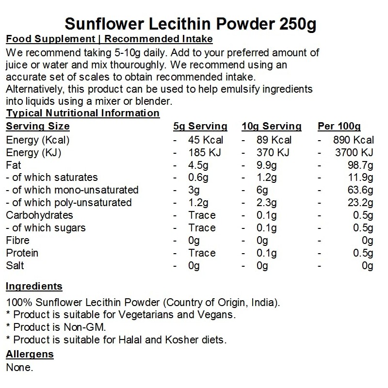 Sunflower Lecithin Powder - 250g - Phosphatides - Vegan