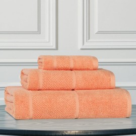 Superior Mile Smart Twist Viscose Cotton Blend Medium Weight Towels, for Guest Bath,V Bathroom, Spa, Quick Dry, Ultra-Soft Towels, Bath Essentials, Border Detail, 3 Piece Assorted Towel Set, Peach