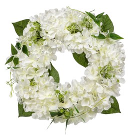 16'' Artificial Hydrangea Wreath White Fake Flower Wreath, Faux Hydrangeas for Front Door, Floral Wreath for Mantel, Kitchen, Farmhouse, Wall Decor