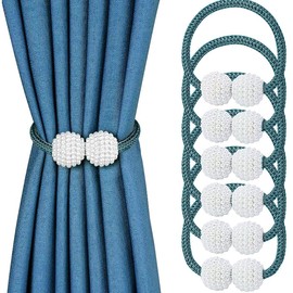 JOYJULY Magnetic Curtain Tiebacks (6 Pack),Modern Pearl Curtain Drapes Clips Rope Holdbacks Curtain Holder Buckles,Weave Rope Drape Tie Backs For Home Office Decorative (Blue)