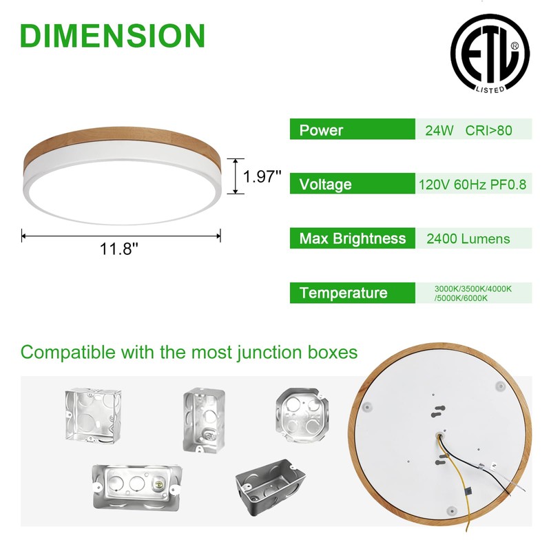 12inch Dimmable Wood led Ceiling Light,Wood Flush Mount Ceiling Light