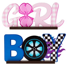 G1ngtar 2Pcs Burnouts or Bow Gender Reveal Wooden Table Centerpieces Boy or Girl Letter Signs Blue Car Wheel Pink Polka Dots Bow Tie Party Decorations Supplies for He or She Gender Reveal Baby Shower