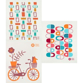 3-Pack EARTH-FRIENDLY European Compostable Sponge Cloths (aka) Swedish Dishcloths - Reusable + Washable MCM BORDEAUX/ORANGE on Natural (3-Pk Tiles + Pods + Bicycle in Bordeaux/Orange on Natural)