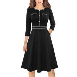 VFSHOW Womens 2024 Fall Work Business Dresses Buttons Pockets Crew Neck Office Slimming Colorblock Patchwork Fit and Flare A Line Dress (Black, Large) 11696 BLK L