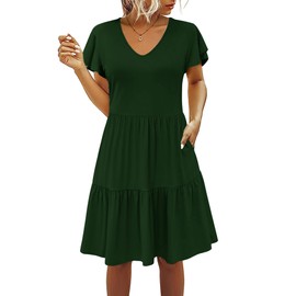 CzzzyL Womens V Neck Breastfeeding Dresses Maternity Nursing Tiered Ruffle Hem Short Sleeve Flare Cotton Dress with Pockets(Deep Green,X-Large)