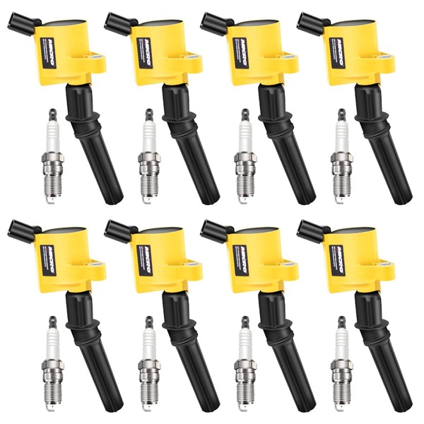 Micro Set of 8 Curved Boot Yellow Ignition Coil Pack DG508 & 8 Iridium Spark Plugs SP479 Compatible with Ford F150 F250 Crown Victoria Expedition Lincoln Mercury Replacement for DG491 FD503