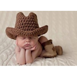 Vomdrok Newborn Photography Props Outfits Cute Cowboy Hat Shoe Set Infant Baby Boy Girl Photoshoot Props Costume (Light Brown)