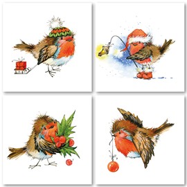 Charity Christmas Cards Pack of 32. Each Christmas Card multipack has 4 different Fun Robin designs. Ecofriendly and UK made. Verse Inside. Small 100 x 100mm card size.