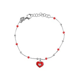 UNICORNJ Sterling Silver Kids Bracelet for Girls Heart Charm Red Enamel Hand Painted | Made in Italy | Bead Chain 6.25"