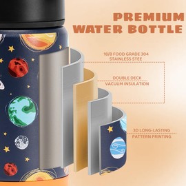 pluseight Kids Insulated Water Bottle with Straw Lid, 12 oz BPA-Free Double Wall Vacuum Tumbler 18/8 Stainless Steel Leak Proof Kids Cups with Straw for School Travel Boys Girls (Planet)