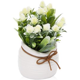 Juvale White Artificial Flowers with Vase, Fake Faux Plants with Small White Vase for Indoor Room, Flower Decorations for Bathroom, Spring Flower Arrangement, Home Decor, 3.5 x 6 Inches