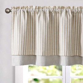 Vangao Kitchen Valance Linen Stripe Short Curtain Farmhouse Rustic Pinstripe Tickingstripe Double Layer Blackout Rod Pocket Window Topper Treatment 18 Inch 1 Panel Taupe on Beige