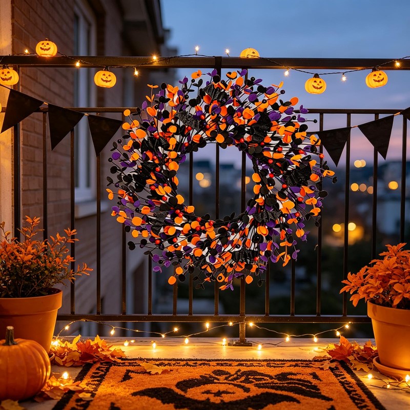 Boxwood Halloween Wreaths ，20 Inch Black Purple Orange with Bats