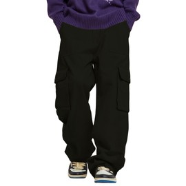 ZAUFL Mens Casual Pants Side Button Flat Pocket Pants Baggy Straight Leg Cargo Pants Street Fashion Trousers Black L