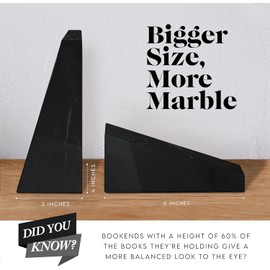 Ottimo Premium Polished Stone Marble 6" Book Ends for Bookshelf Decor, Home, Office or Kitchen Shelves. Heavy, Triangular, and Decorative Book Stopper with Anti-Slip Pads, Great Gift Idea (Black)