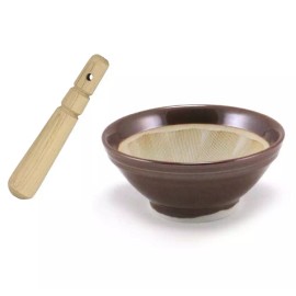 Made in Japan Japanese 6"D Ceramic Brown Suribachi Mortar Bowl w/ Wooden Pestle MADE IN JAPAN