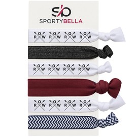 Rowing Hair Ties Set – 6pc No-Crease Elastic Ponytail Holders with Row Oar Graphic, Maroon Accent, Black Glitter Band, Chevron Pattern – SportyBella Crew Team Accessories for Rowers