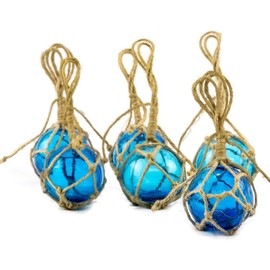 Glass Fishing Floats | Aqua Japanese Glass Floats 2" | Nautical Rope Ball | Set of 6 | Nautical Themed Wall Decor | Beach House Decor | Glass Buoys for Decoration and Ocean Room Decor