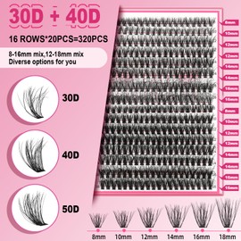 320Pcs Lash CIusters PRO DIY Lash Extension Individual Eyelashes 3D Fluffy Cluster Lashes Natural Look Eyelash Clusters Faux Mink Wispy Lashes Easy (3D Fluffy-30D+40D-D,8-16mix)