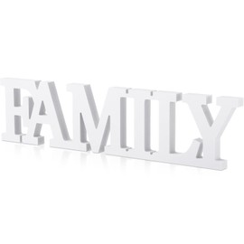 Wonderjune Rustic Wood Family Sign Wooden Table Decor Wooden Family Words Decorative Sign Family Block Letters Sign for Living Room Home Decor Shelf Mantel (White)