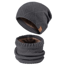 TAGVO Men's Hat Scarf Set Casual Beanie Knitted Hat Winter Hat Winter Set Knitted Beanie Wool Loop Scarf with Thick Fleece Lining, gray