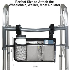 Wheelchair Side Organizer Storage Bag Armrest Pouch with Cup Holder and Reflective Strip, for Most Wheelchairs, Walkers or Rollators (Gray)