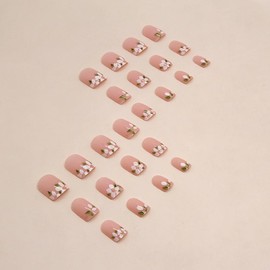 Flower Press on Nails Short Fake Nails Square False Nails with White Flowers Tip Designs Cute Glue on Nails Pink Stick on Nails Flowers French Tip Acrylic Nails Full Cover Glossy Artificial Nails