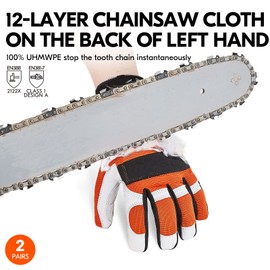 Vgo... 2 pairs Chainsaw Gloves 12-Layer Protection on Left Hand, Safety Goat Leather Work Gloves with Touchscreen(L,Orange)