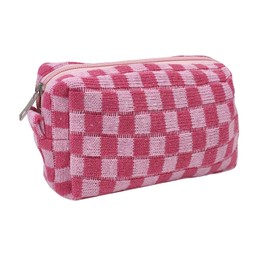HFZRZFH Stylish Checkered Makeup Bag - Portable Cosmetic Pouch with Zipper for Travel Accessories, Ideal for Purse and Everyday Use, Great for Organizing Toiletries and Beauty Essentials. (pink)