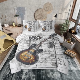Erosebridal Vintage Guitar Bed in a Bag Queen Comforter Set 7 Piece,Electric Musical Instrument Bedding Sets for Kids Teens Rustic Farmhouse Style Grey Orange Sheet Set with Comforter,Reversible