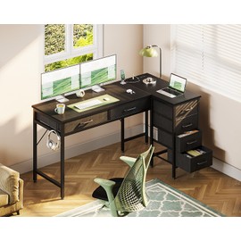 Casaottima L Shaped Desk with 6 Drawers, 50 Inch Computer Desk with Power Outlets, Reversible Home Office Desk with Hook, Kids Study Desk, Corner Desk for Small Space, Black