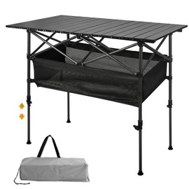 Audoyon Folding Camping Table, Outdoor Roll-up Table Height Adjustable & Portable 4-6 Person Metal Camp Grill Table for Picnic, BBQ, Party, Backyard, Beach, Mesh Storage and Carry Bag, Loads 220 Lbs