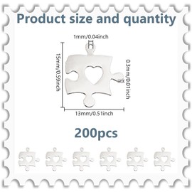 GOMAKERER Pack of 200 Puzzle with Heart Pendants, Puzzle Piece Pendant Made of Brass in Platinum Colour, Pendant for Autism Awareness, Etched Metal Embellishments, Heart Pendant for Necklaces