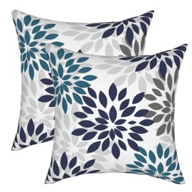 Navy Blue Teal Grey Throw Pillows Cover 18x18 Inch Aqua Gray Dahlia Geometric Flower Pillow Covers 2 Pcs Summer Floral Outdoor Pillow Case Decorative Cushion Cover for Home Couch Bed Sofa Decor