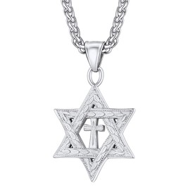 Vintage Pattern Star of David With Cross Pendant Necklace, Resizable 22Inch Wheat Chain, Present For Girlfriend, Stainless Steel Religious Jewellery For Women Jewish Hexagram Necklace (With Gift Box)