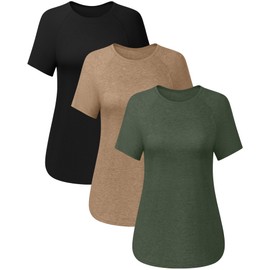 Ficerd 3 Pcs Women Short Sleeve Shirts Curved Hem Top Round Neck Tunics Side Split Summer for Women(XL,Black, Dark Khaki, Army Green)