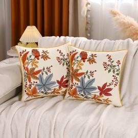 Tosleo Embroidered Throw Pillow Covers 16x16 Pack of 2 Vintage Birds with Maple Leaves Farmhouse Pillow Cushion Case Decorative Pillowcases Square Floral Pillow Case for Fall Thanksgiving Party Decor