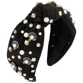 AOPRIE Pearl Headbands for Women Top Knotted Headbands for Girls Hair Bands for Women's Hair Solid Color Turban Wide Headbands for Women Black, 1 Pack