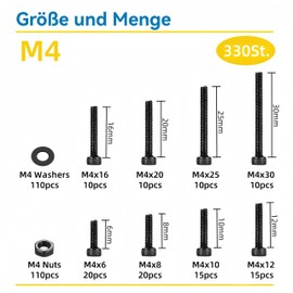 WZHUIDA 330 Piece M4 Screws Set, Black Metric Cylinder Head Screws, Hexagon Socket Screws, Nuts and Washers Assortment Set, Threaded Machines Hex Screws