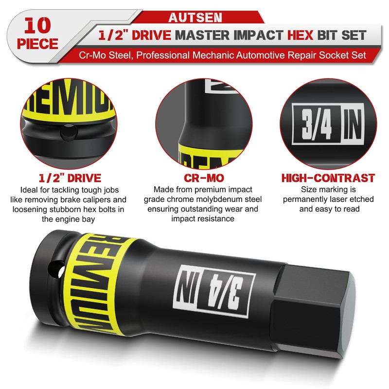 KIRXST 1/2" Drive Impact Hex Bit Socket, 10 Piece Allen