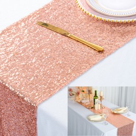 ShinyBeauty Shimmer Rose Gold-Sequin Table Runner Tassel-30x180cm, Glitter Round Sequins Fabric for Table Runners in Party Wedding Banquet Table Linen Layout or Decoration 12x72 inches
