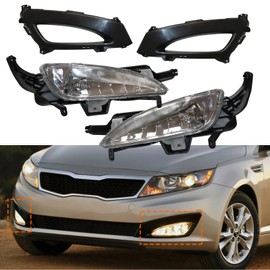 Carlaihu For 2011 2012 2013 Kia Optima Halogen Front Bumper Fog Light Lamp and Bezels Assembly Replacement Left and Right Side Pair Chrome Housing
