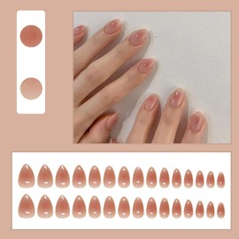 30 Pcs Spring Press on Nails Short Almond - LINMEIZAI Short French Tip Fake Nails Press ons Nail Tips Glue on Nails Full Cover Acrylic Nail Kit False Nails Blush Brown Nail Art Design Women