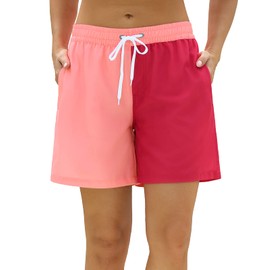 Rocorose Women's Quick Dry Swim Shorts Elastic Waist Breathable with Back Pocket Summer Travel Sports Bottom Pink S