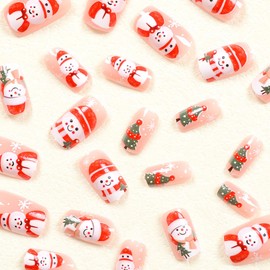 Christmas Press on Nails Medium Square Fake Nails Red Riding Hood Snowman False Nails with Snowflake Christmas Tree Designs Full Cover Acrylic Nails Xmas Stick on Nails for Women DIY Nails Decor 24Pcs