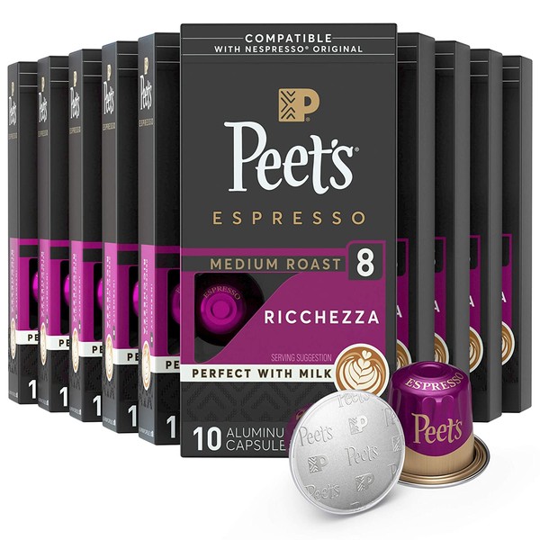 Peet's Coffee EspressoCapsules Ricchezza, Intensity 8, 100 Count Single Cup Coffee Pods Compatible with Nespresso Original Brewers