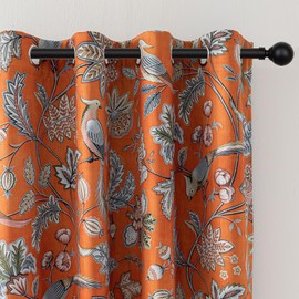 MYSKY HOME Floral Blackout Curtains 84 inch Long for Living Room Darkening Thermal Insulated Vintage Curtains Flower Bird Pattern Printed Grommet Drape for Dining Room Bedroom, 2 Pcs, 52" Wide, Orange